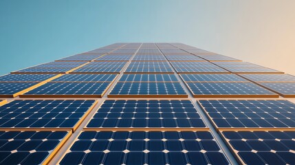 A captivating view of solar panels reaching towards a clear blue sky, symbolizing renewable energy and sustainability.