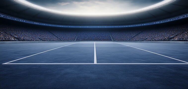 A dramatic view of an empty tennis court under stadium lights, ideal for sports-related themes and events.