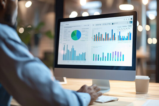 A business professional using an AI-powered data analysis tool on their computer, with the screen displaying graphs and charts showing growth in sales or website traffic.