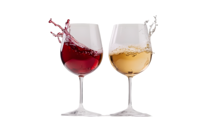 Red and white wine splashing in glass isolated on a white background with full depth of field, dynamic capture