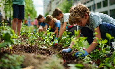 Children Planting Trees in Urban Greenery