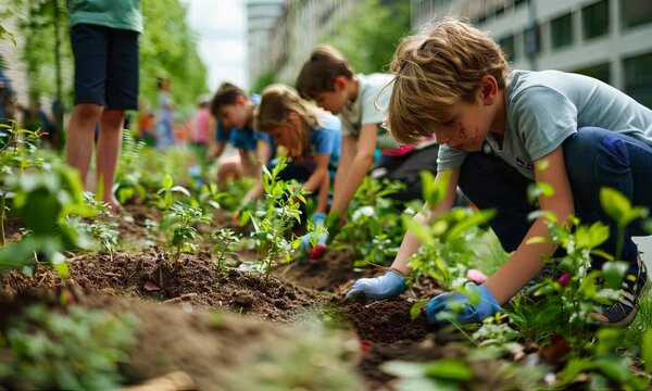 Children Planting Trees in Urban Greenery