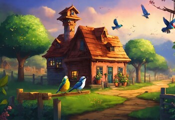 Bird says, 'We worked hard to build our houses, and now we must work hard again.' 'Don't worry!' replies the others. 'We'll help you rebuild your home.' - AI cartoon image