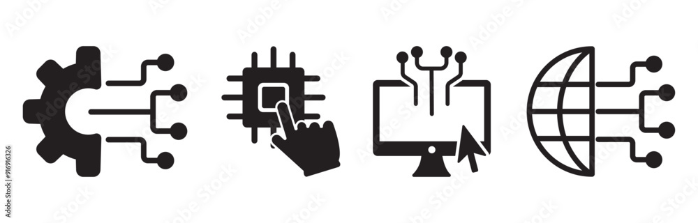 Poster digital tech icon set. computer, digital transformation circuit and internet connection icon. concep