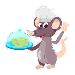 A flat sticker of rat chef serving cheese  

