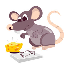 A flat cartoon sticker of rat trap with cheese 

