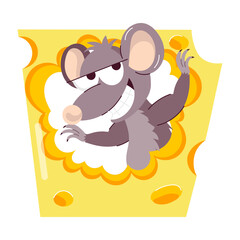 Hungry mouse with cheese slice, flat sticker 

