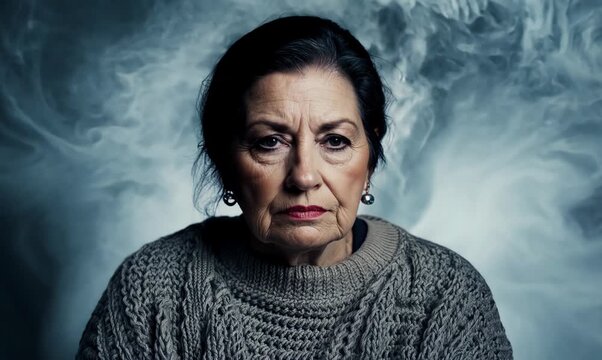 Medium shot portrait video of a serious Russian woman in her 40s wearing a cozy sweater against an abstract background 
