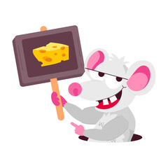 Smiling mouse holing placard with cheese sign, flat sticker 