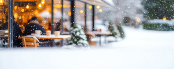 Cozy outdoor cafe scene in winter, featuring snow, warm lights, and guests enjoying a relaxed atmosphere.