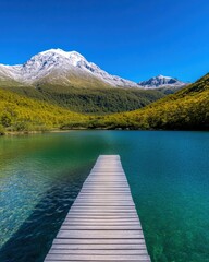 Tranquil Mountain Lake with Wooden Dock