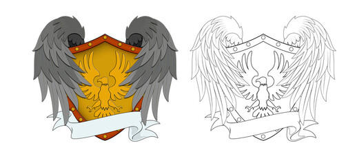 Shield and wings, cross tattoo design, clean line work completed, transparent background 건대타투 문신도안 방패 날개 타투도안