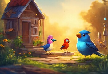 Bird cries about the hard work to rebuild its home, but friends promise to help in this AI cartoon image