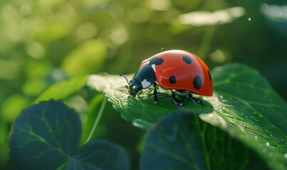 Fototapeta premium Ladybug on a green leaf: Vibrant red beetle with black spots