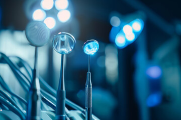 Naklejka premium Dental tools on dentist office background