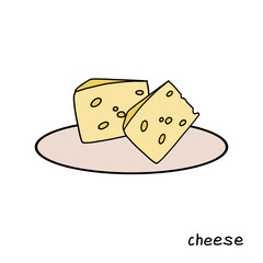 Pieces of yellow cheese on a round plate against a plain background