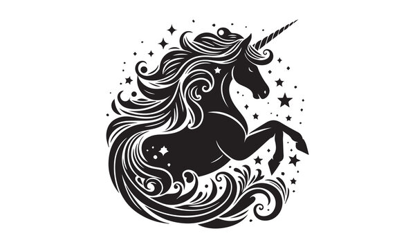 recommend clip art: unicorn design, unicorn horse head design - black and white magical