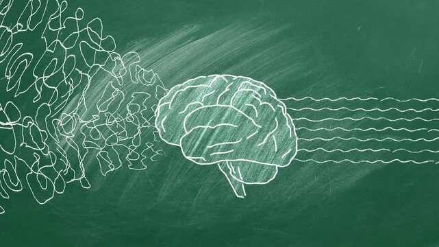 A chalk depiction shows a brain emerging from a chaotic swirl into organized waves, symbolizing clarity and focus in thought.
