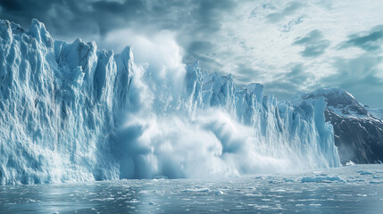 The moment a huge piece of glacier breaks off and sinks into the ocean shows the power of calvation and its impact on the environment.