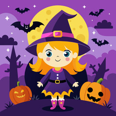 Happy Halloween square banner background with a violet fog cloud and a Cute witch girl in a witch hat. 