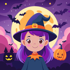 Happy Halloween square banner background with a violet fog cloud and a Cute witch girl in a witch hat. 