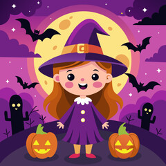Happy Halloween square banner background with a violet fog cloud and a Cute witch girl in a witch hat. 
