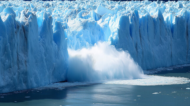 The moment a huge piece of glacier breaks off and sinks into the ocean shows the power of calvation and its impact on the environment.