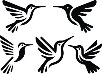 Black hummingbird logo clipart. Isolated tropical small flying bird. Monochrome minimalist bird logo line art.
