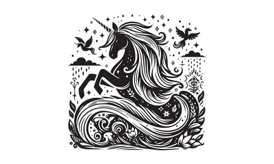 unicorn design, unicorn horse head design - black and white magical