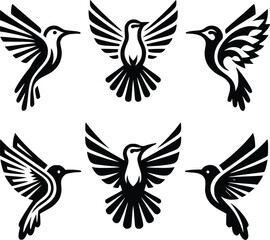 Black hummingbird logo clipart. Isolated tropical small flying bird. Monochrome minimalist bird logo line art.