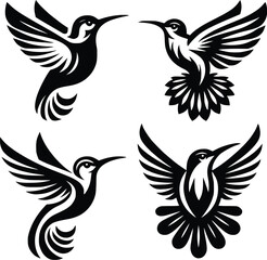 Black hummingbird logo clipart. Isolated tropical small flying bird. Monochrome minimalist bird logo line art.
