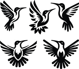 Black hummingbird logo clipart. Isolated tropical small flying bird. Monochrome minimalist bird logo line art.