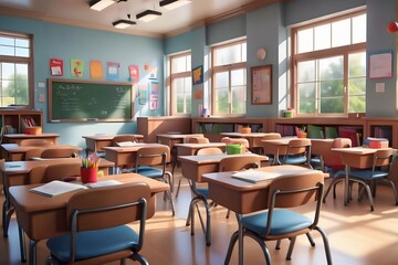 Empty Classroom with Sunlight Streaming Through Windows.