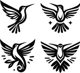 Black hummingbird logo clipart. Isolated tropical small flying bird. Monochrome minimalist bird logo line art.