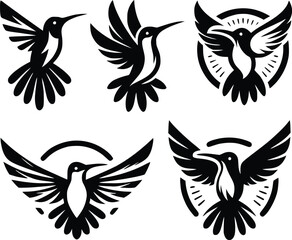 Black hummingbird logo clipart. Isolated tropical small flying bird. Monochrome minimalist bird logo line art.