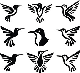 Black hummingbird logo clipart. Isolated tropical small flying bird. Monochrome minimalist bird logo line art.
