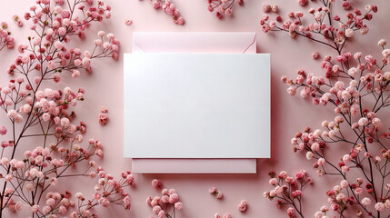 white blank card/ invitation mockup with pink envelope and pink flowers, floral wedding background