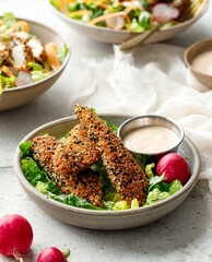 a bowl of salad with a side of crispy chicken wings 