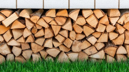 Fototapeta premium Firewood is neatly stacked against a rustic barn in a peaceful Swiss countryside, complemented by a pile of dry branches and boards ready for use
