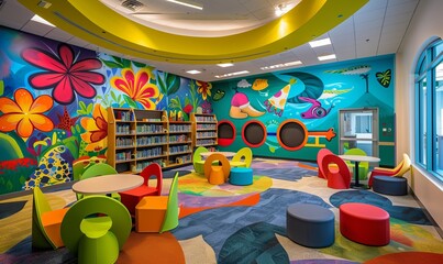 Library children's section decorated with colorful murals and interactive learning stations