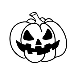 Vector doodle of a ripe joyful pumpkin with creepy faces. Monster faces for Halloween. Cute illustration on white background. Design elements for logo, badges, banners, labels, posters