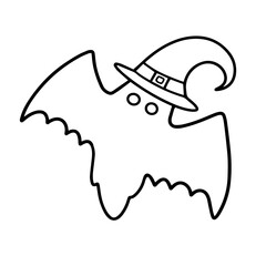 Vector doodle of a scary winged monster wearing a wizard's hat. . Cute children's Halloween illustration on white background. Design elements for logo, badges, banners, labels, posters
