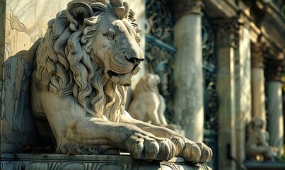 Life-sized stone lion guarding a palace entrance