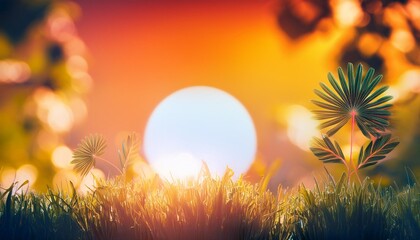 colorful abstract natural background with stylized sun and plants on foreground