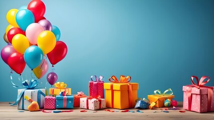 Bright birthday card for a child including gifts and balloons, with text space