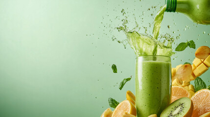 A bottle of green smoothie pouring into a glass
