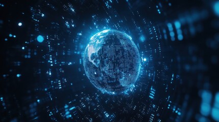Obraz premium Digital Earth Globe Surrounded by Binary Code and Blue Lights