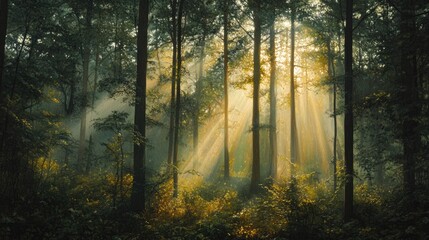 Naklejka premium A dense forest panorama bathed in golden sunbeams filtering through the trees, creating a serene, mystical atmosphere