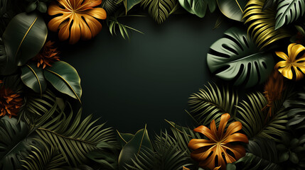 A frame with golden tropical leaves and vibrant flowers on a dark background AI Generated