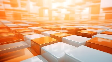Futuristic Orange and White Squares Background with Light Reflections, 3D Symmetrical Perspective, Abstract Geometric Shapes, High-Tech Feel, Empty Space for Text or Product Display, Digital Rendering